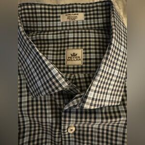 Peter Millar Navy and Light Blue Plaid Button Front Dress Shirt XL EUC
